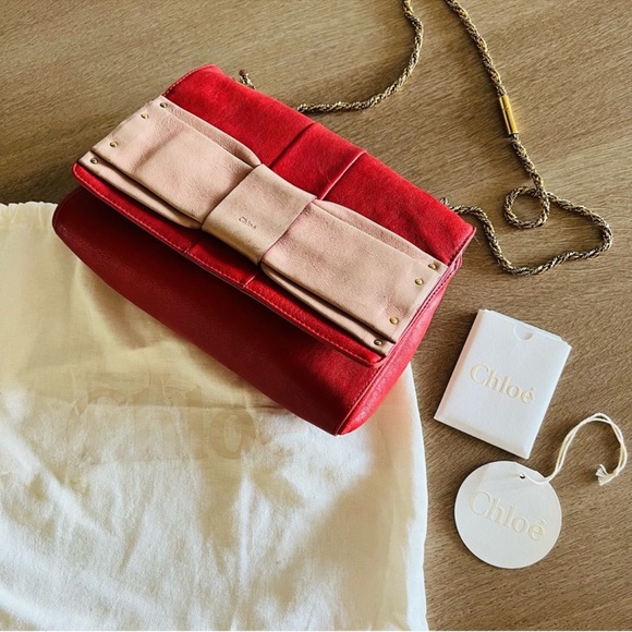 CHLOE June Bow Flap Shoulder Bag in Holly Berry Red Sheepskin Leather - Picture 8 of 9